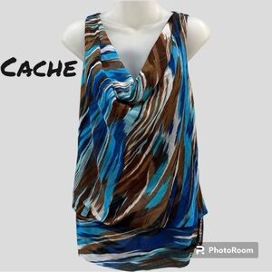 Cache Cowl Neck Dressy Tank Top Blue, Brown & White Size Large